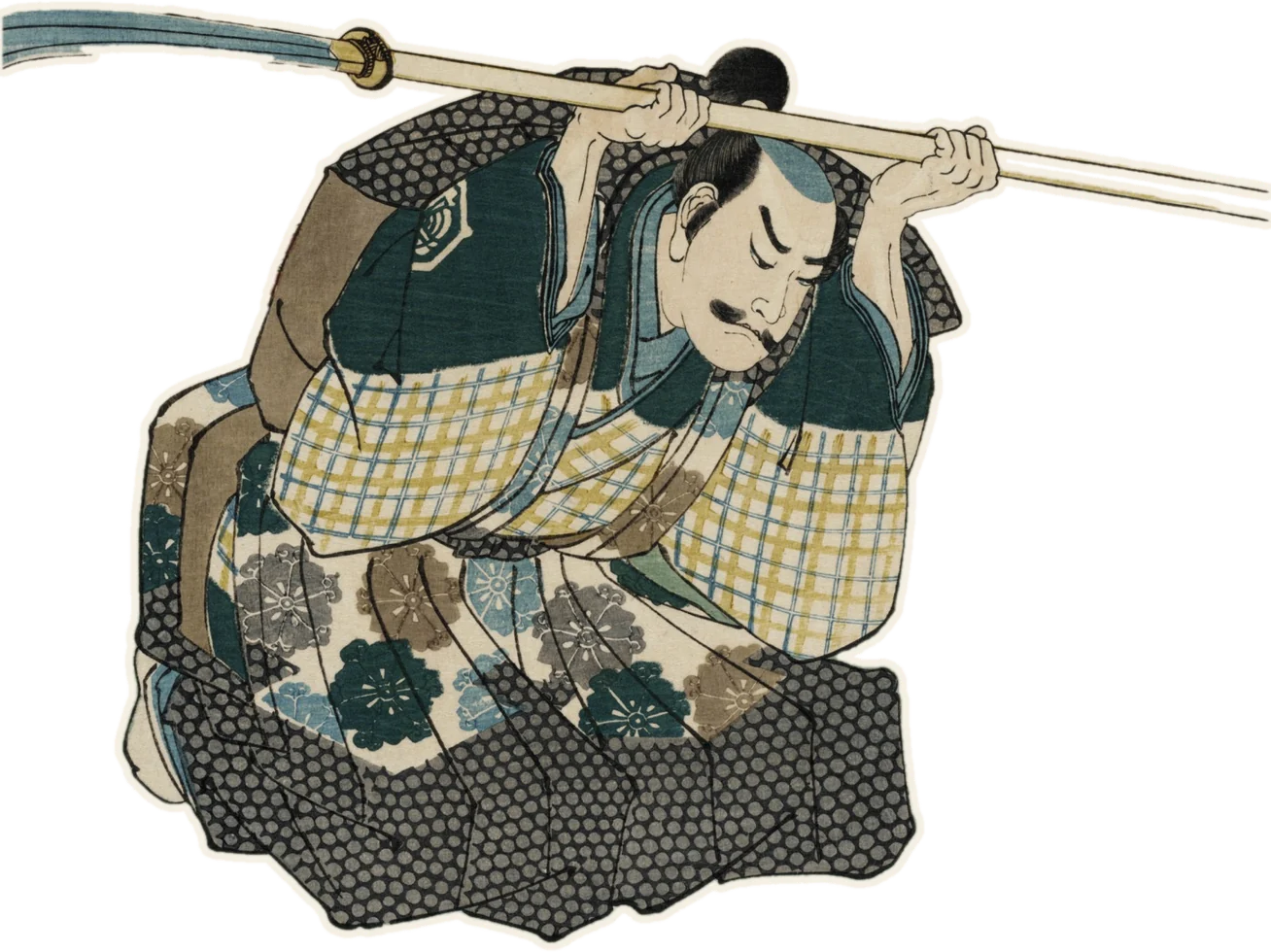 Woodblock cut-out of a samurai raising his sword