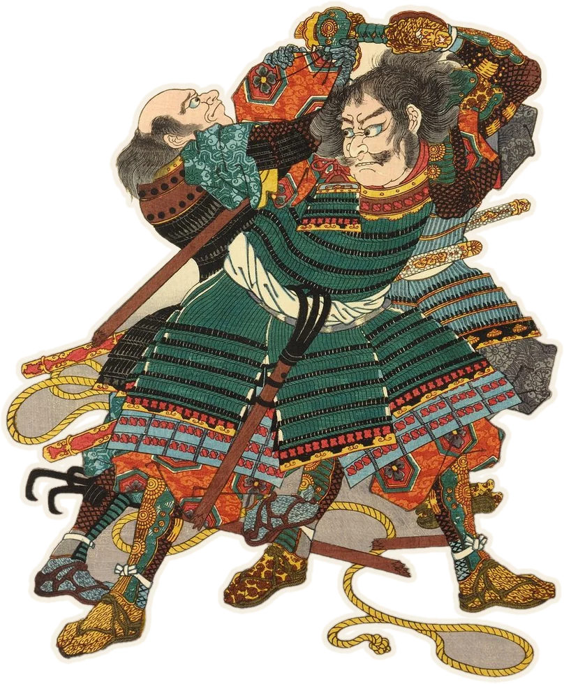 Woodblock cut-out of an armoured samurai mid-strike